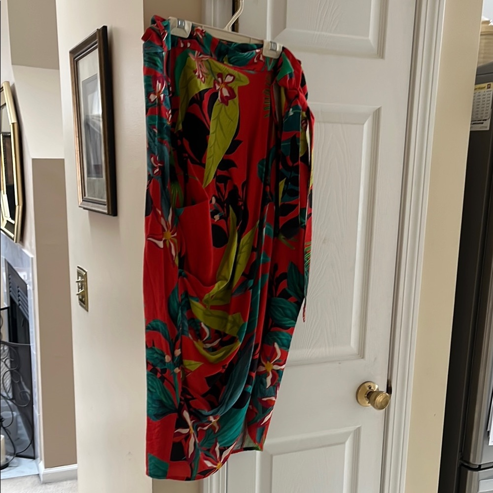 Tropical Floral Orange, black and Green wrap around skirt. Side slit from wrap.